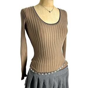 INC Brown Ribbed Silk Blend Long Sleeve Top M
